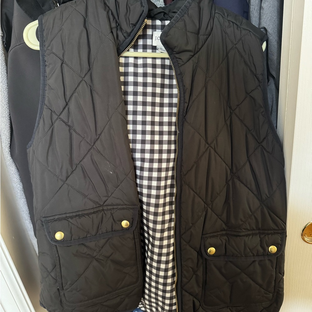 J. Crew Black Quilted Vest with Gingham Lining
